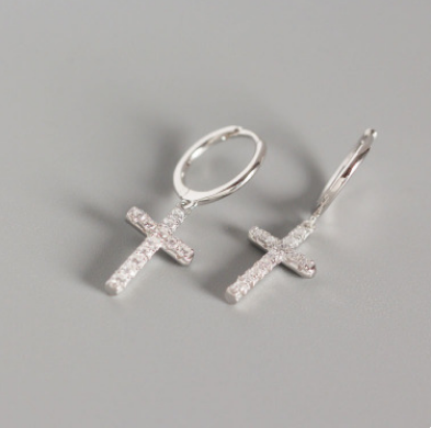 Silver cross stud earrings with diamonds