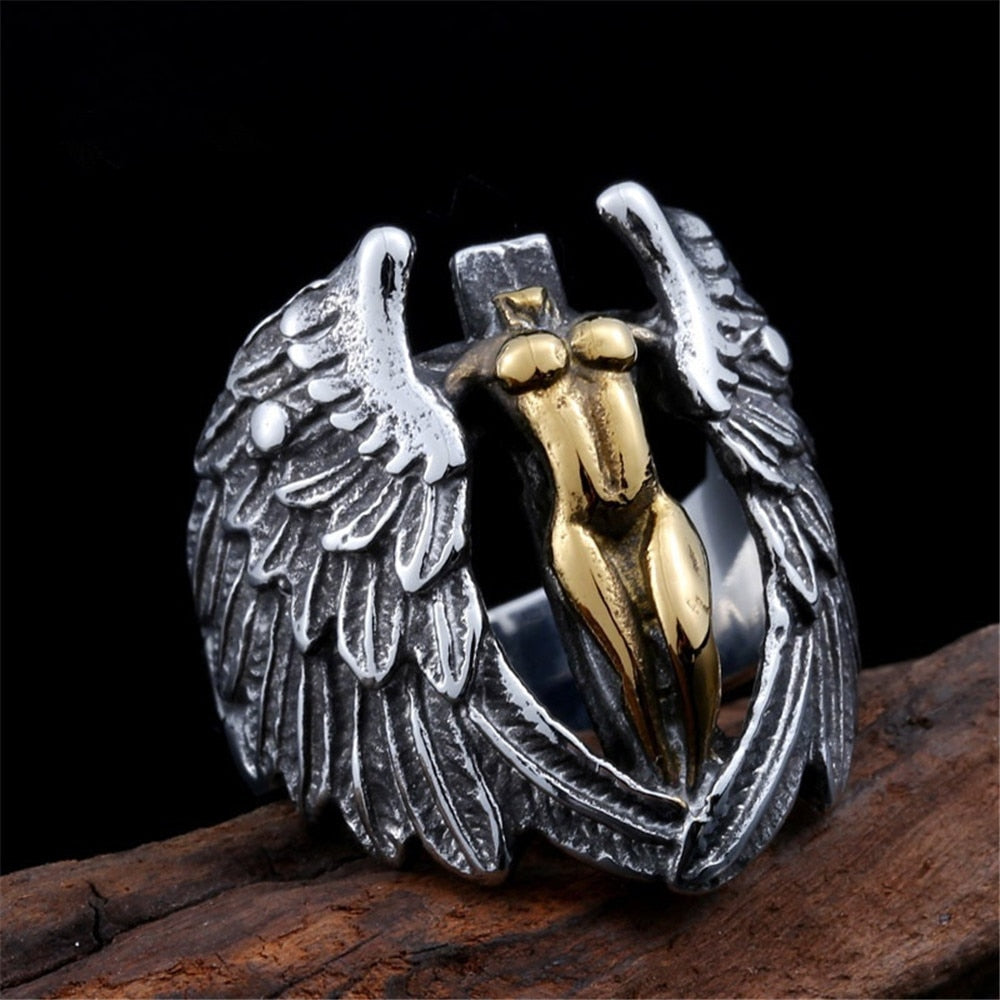 Vintage angel wing cross ring, titanium steel