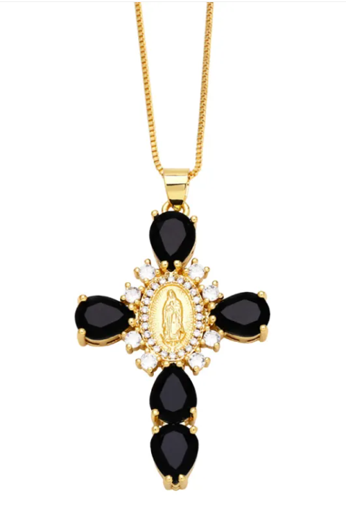 Zircon-inlaid cross pendant necklace