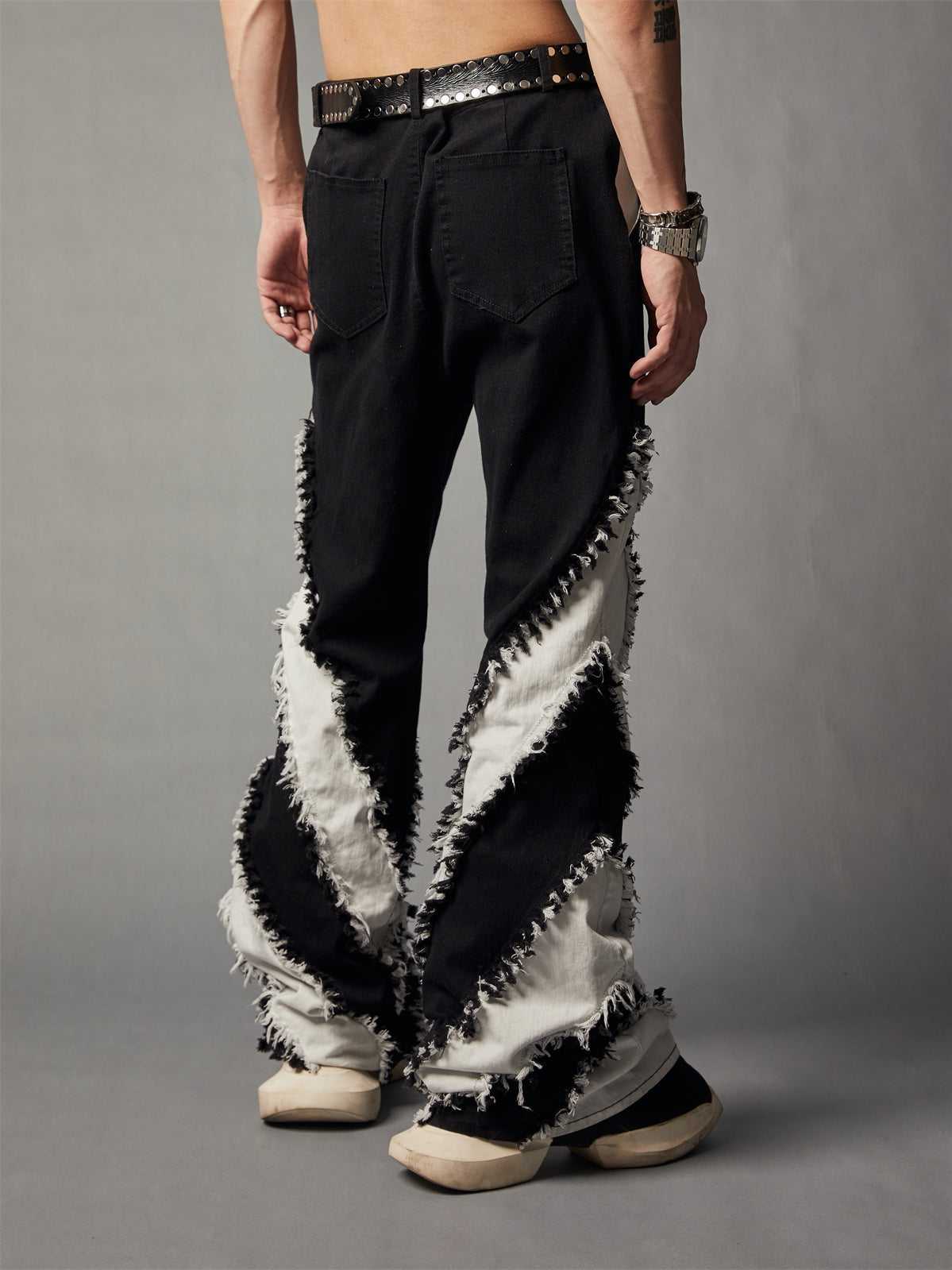 Black and white patchwork slim-fit washed jeans