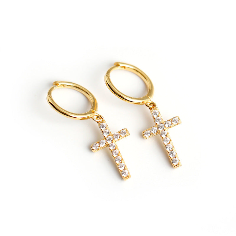 Silver cross stud earrings with diamonds