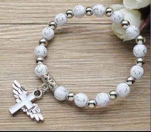 Angel cross rosary bracelet, oil drip finish
