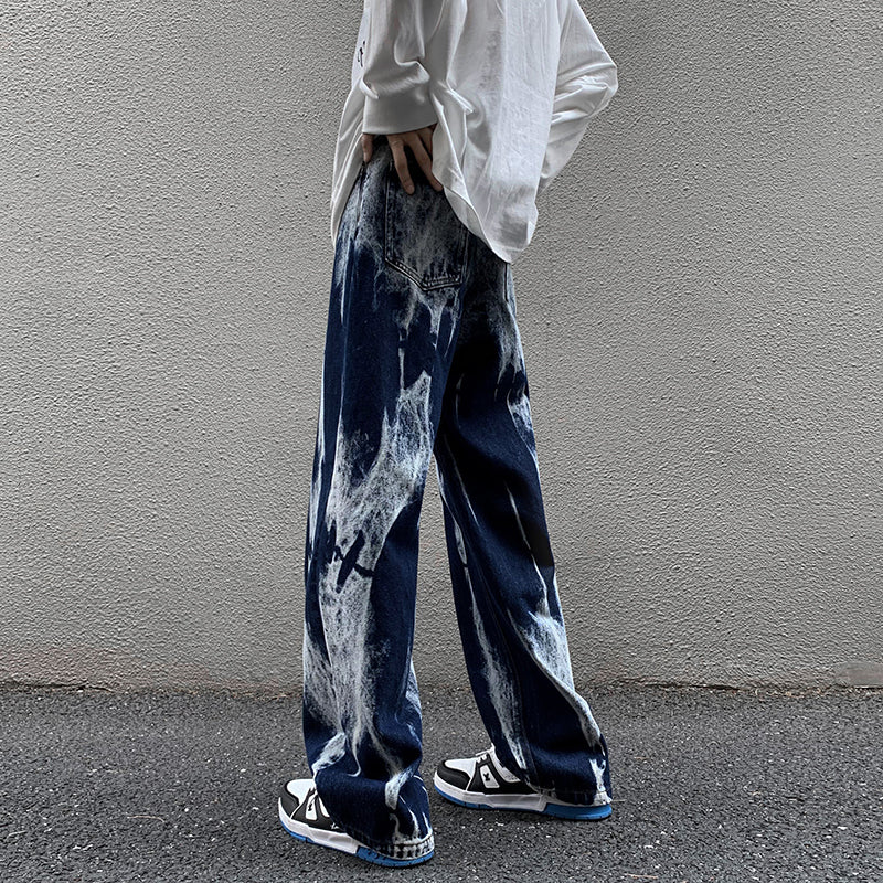 Tie-dye baggy straight denim pants