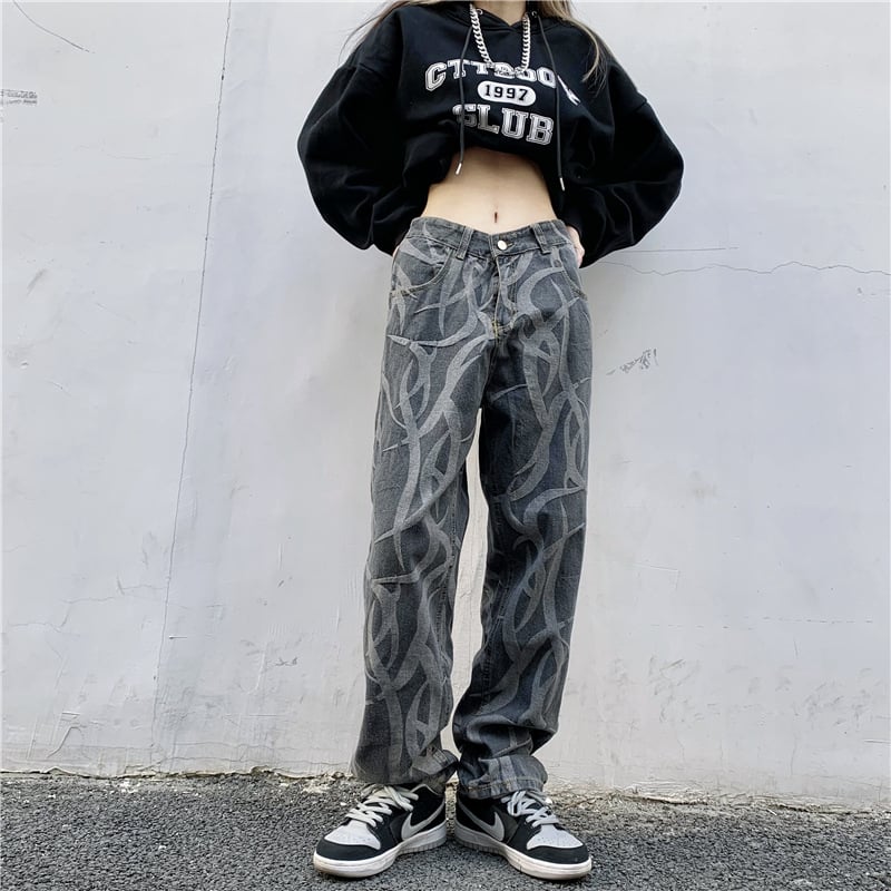High-waist wide-leg printed jeans