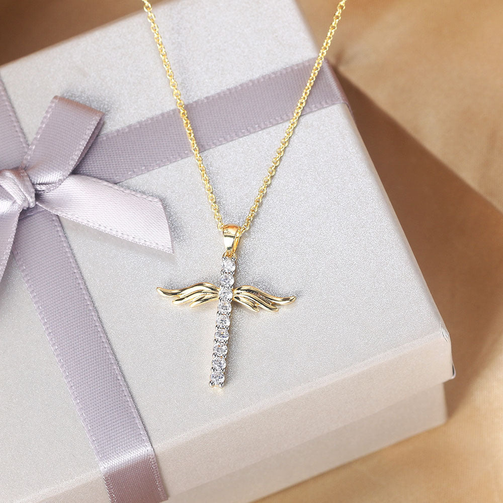 Angel wings cross necklace with colored zirconia pendant