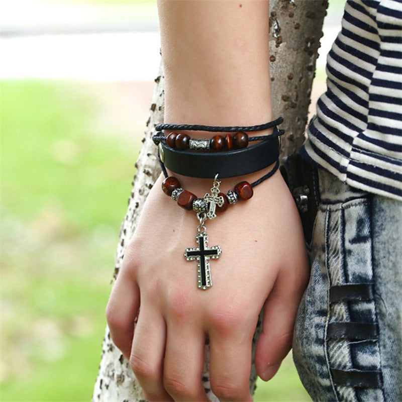 Leather Beaded Bracelet with Cross Design