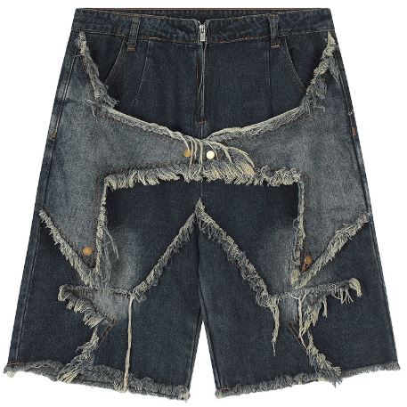 Loose-fit denim shorts with frayed hem and patchwork