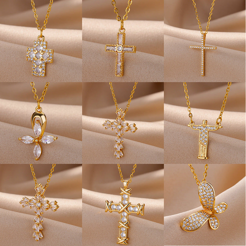 Trendy Minimalist Cross Pendant Necklace with Zirconia