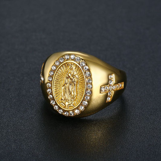 Gold plated Virgin Mary ring with diamonds