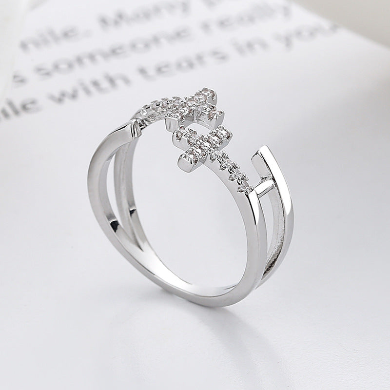 Stylish Double-Layer Hollow Cross Diamond Ring for Women