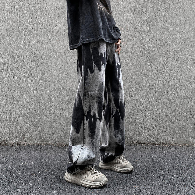 Tie-dye baggy straight denim pants