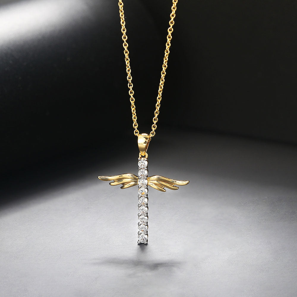 Angel wings cross necklace with colored zirconia pendant