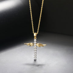 Angel Wings Cross Necklace with Colored Zirconia Pendant