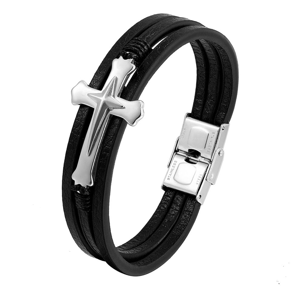 Men's Cross Bracelet - Handmade Stainless Steel Braid