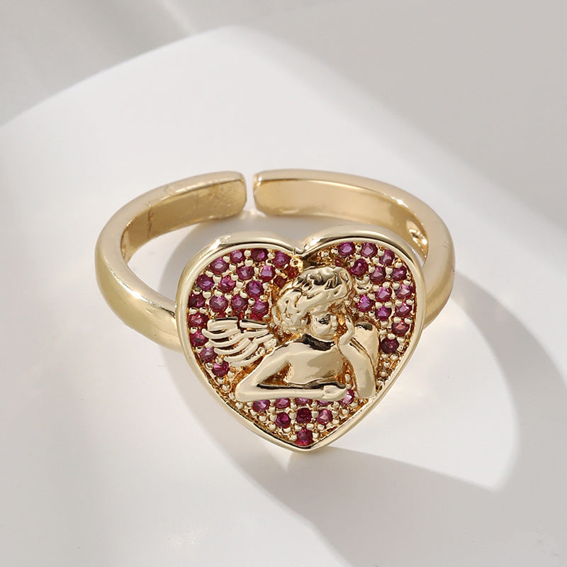 Angel Heart Copper Plated 18k Gold Micro Zircon Ring Set