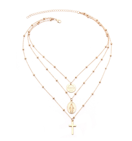 Geometric Metal Virgin Mary Cross Multi-Layer Necklace