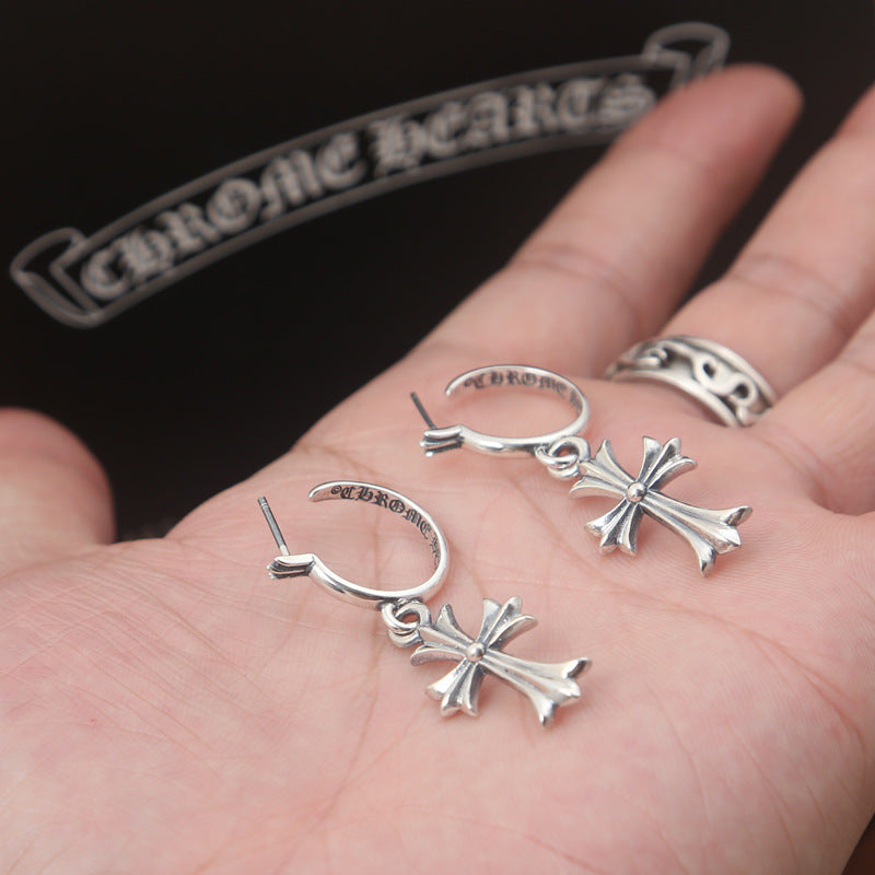 Silver vintage cross earrings, Korean style, S925