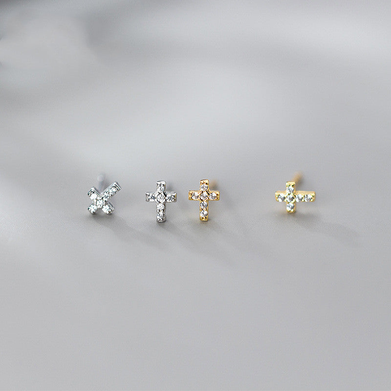 Silver mini cross stud earrings with rhinestones