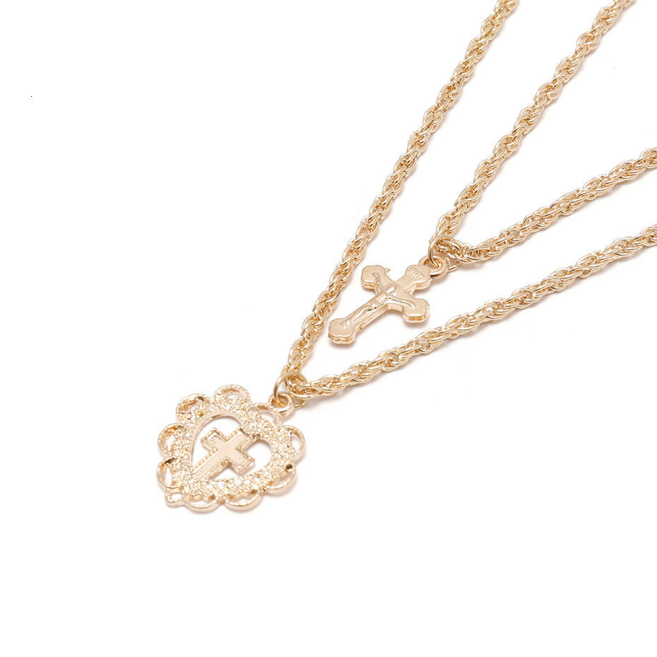 Trendy Dual-Layer Heart Cross Pendant Necklace for Women