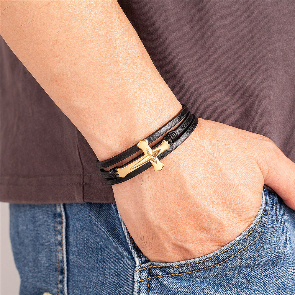 Men's Cross Bracelet - Handmade Stainless Steel Braid