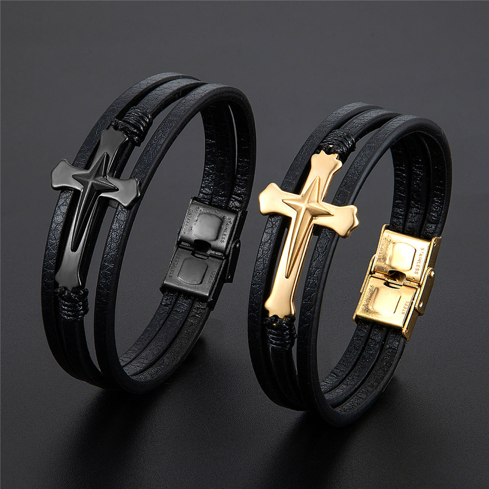 Men's Cross Bracelet - Handmade Stainless Steel Braid
