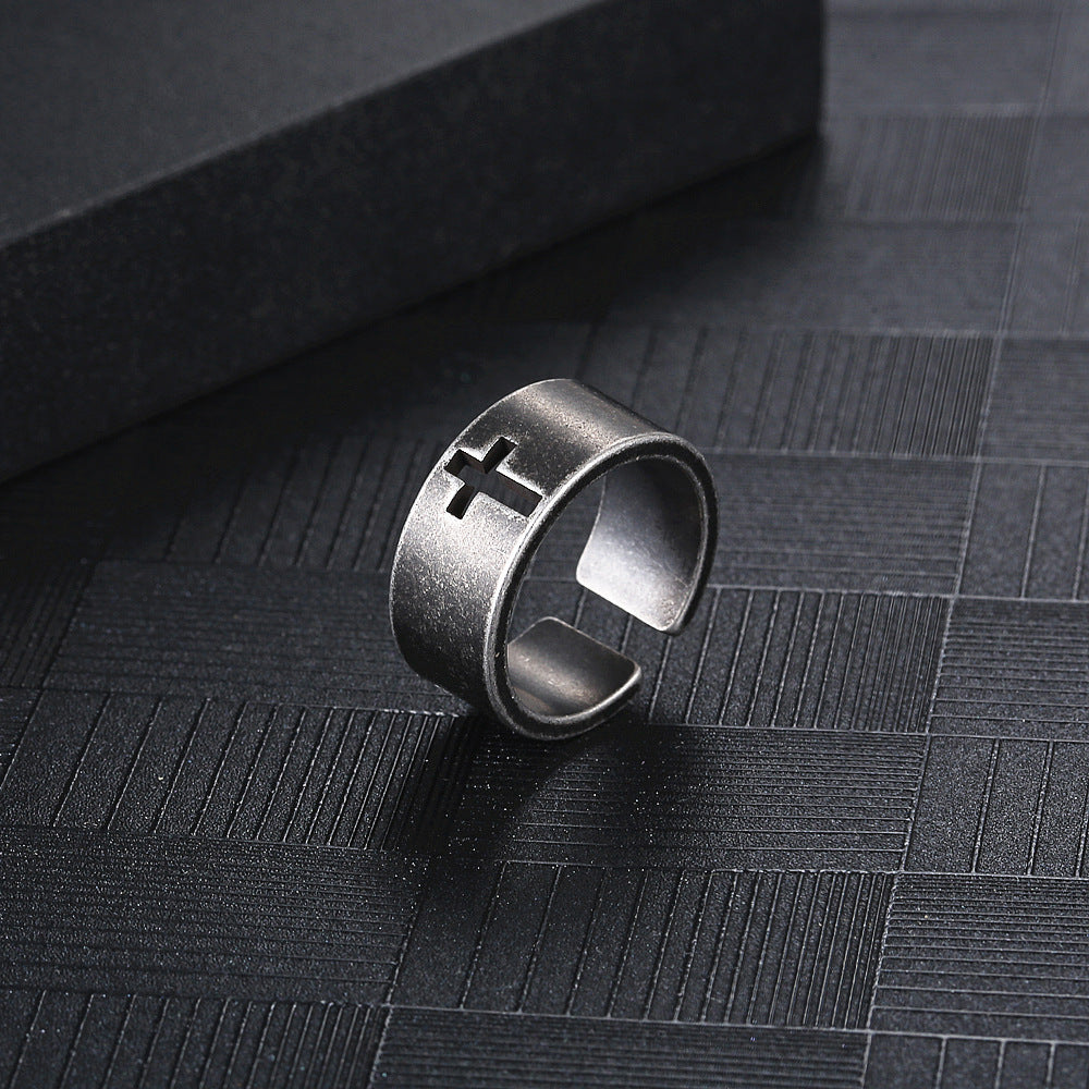 Retro Titanium Steel Hollow Cross Ring for Trendy Style