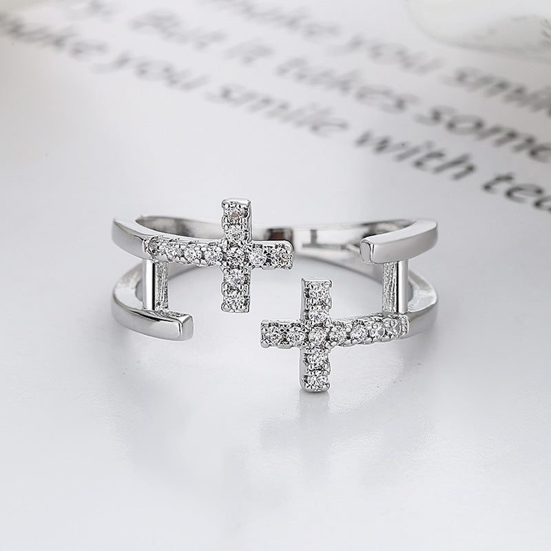 Stylish Double-Layer Hollow Cross Diamond Ring for Women