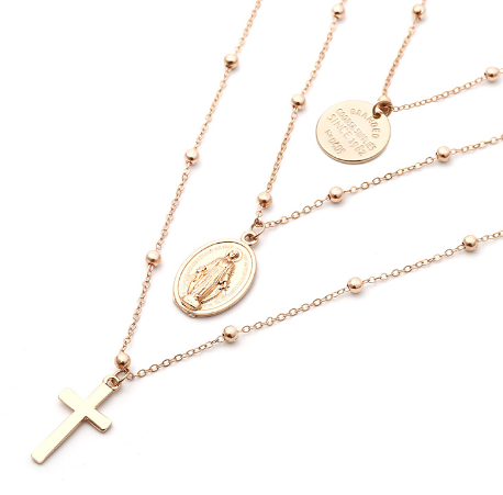 Multi-layer cross necklace with Virgin Mary pendant