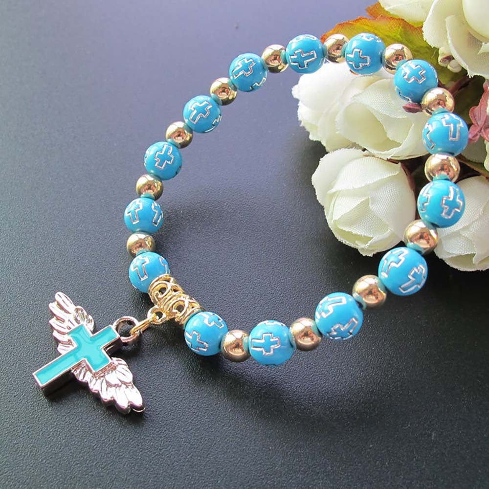 Angel cross rosary bracelet, oil drip finish