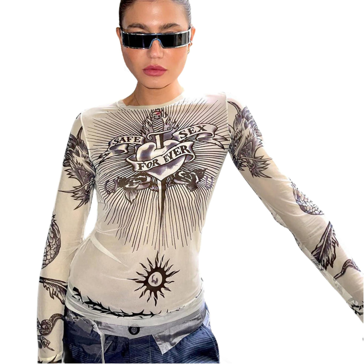Women's Sheer Mesh Long-Sleeve Crop Top