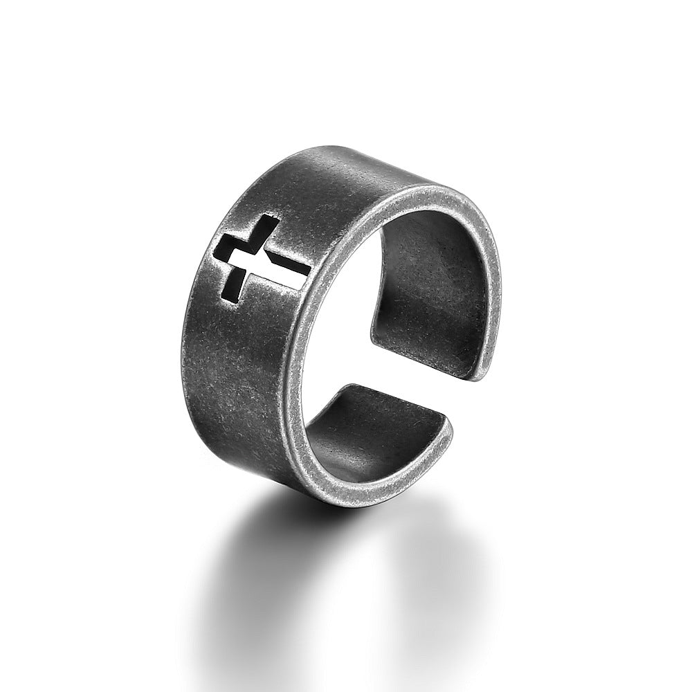 Retro Titanium Steel Hollow Cross Ring for Trendy Style