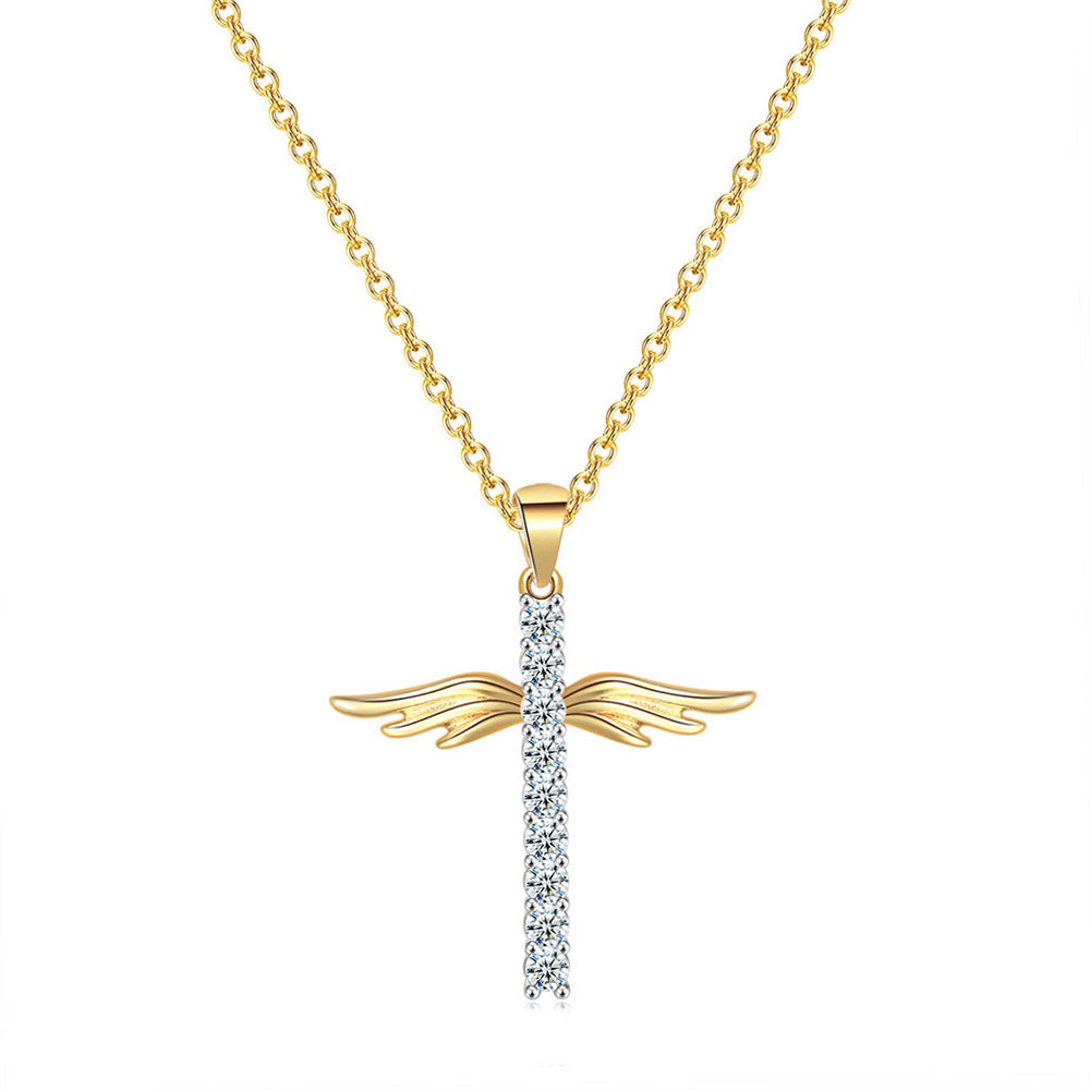 Angel wings cross necklace with colored zirconia pendant
