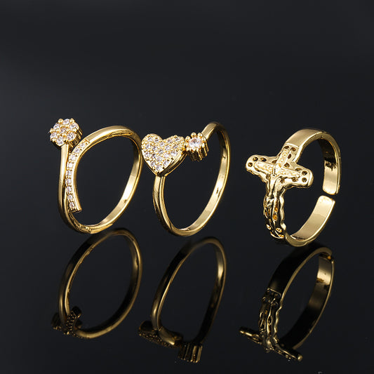 Copper-Plated Gold Geometric Zircon Ring for Women