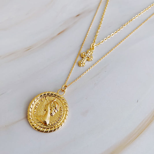 Layered cross and coin necklace