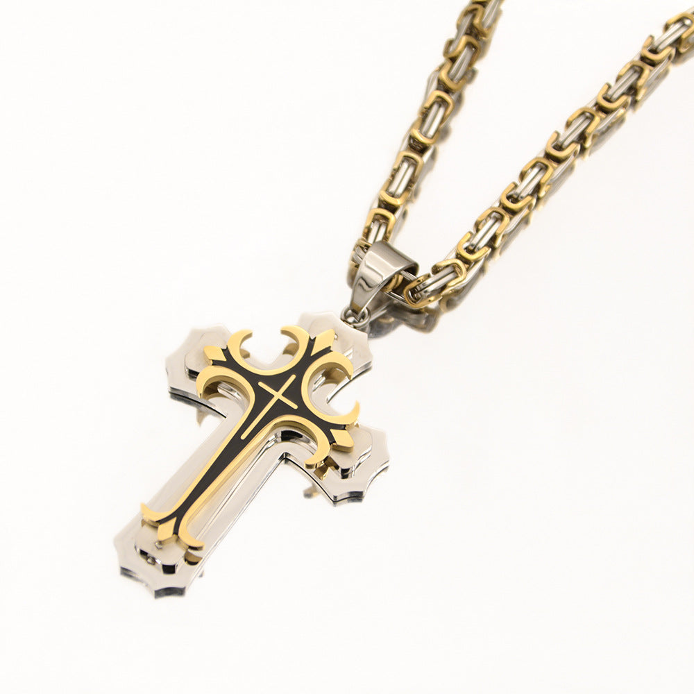 Double Layer Cross Pendant Necklace for Men in Stainless Steel