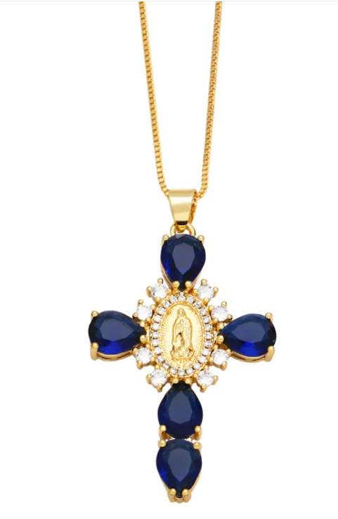 Zircon-inlaid cross pendant necklace