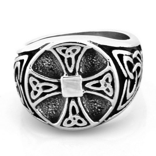 Stainless steel ring with carved cross pattern