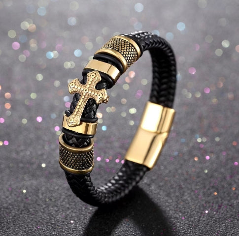 Handcrafted Leather Braided Bracelet with Cross Design