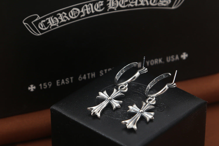 Silver vintage cross earrings, Korean style, S925