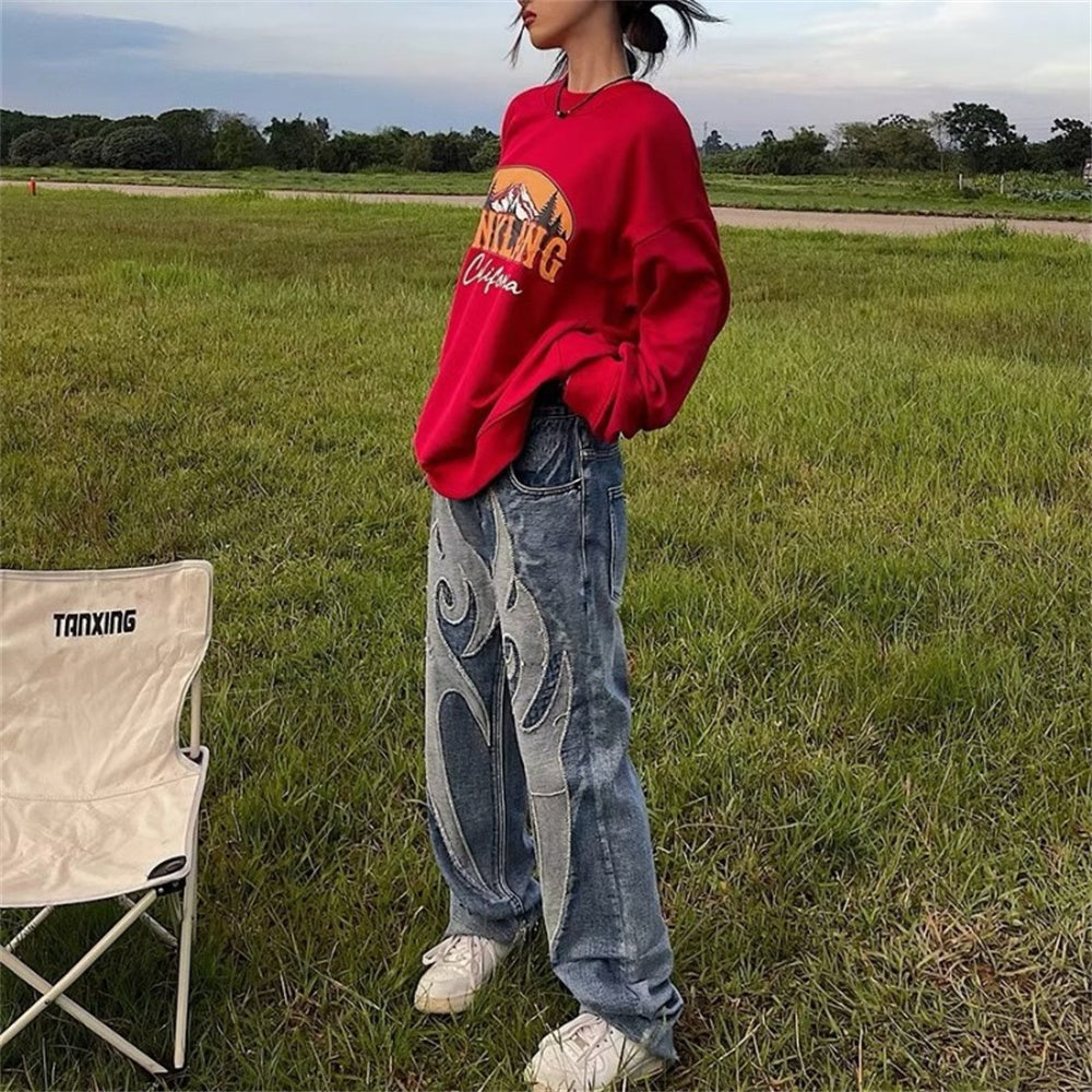 Retro patchwork graffiti hip-hop washed jeans