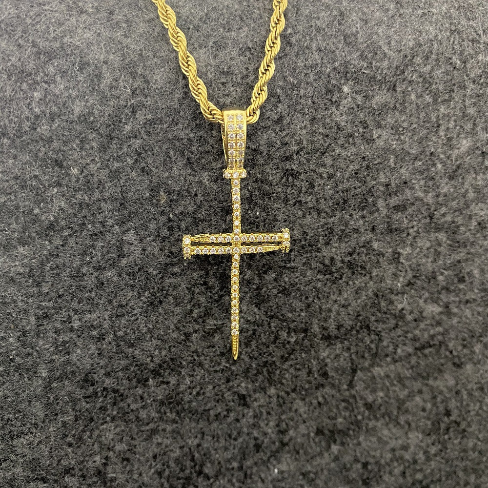 Copper cross pendant necklace with zirconia, hip hop style