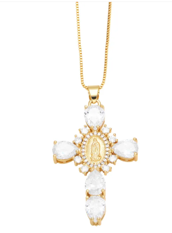 Zircon-inlaid cross pendant necklace