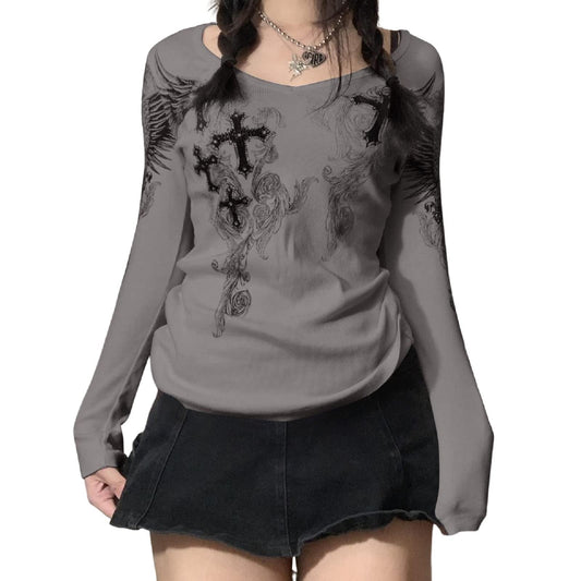 Women Y2K Long Sleeve Top Tee Vintage Graphic Grunge 90s T Shirt Basic Slim Fit Blouse Pullover Streewear(A-Grey L)
