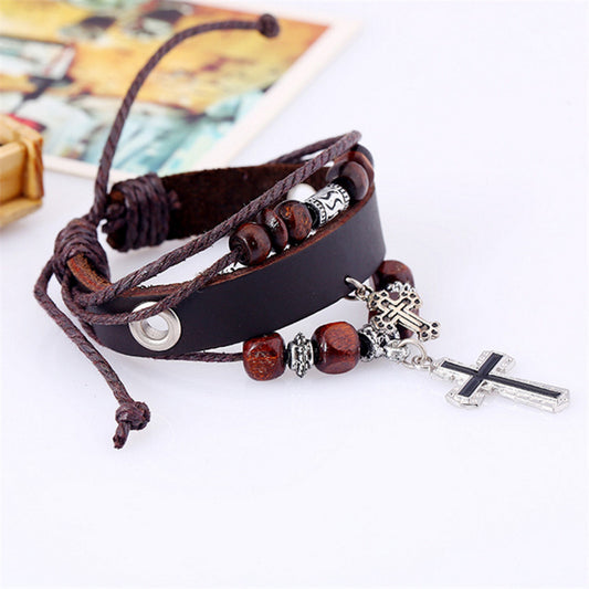 Leather beaded bracelet with cross charm