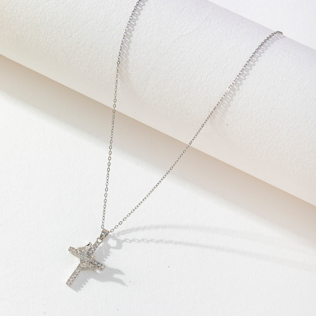 Silver crown cross pendant necklace with zircon stones