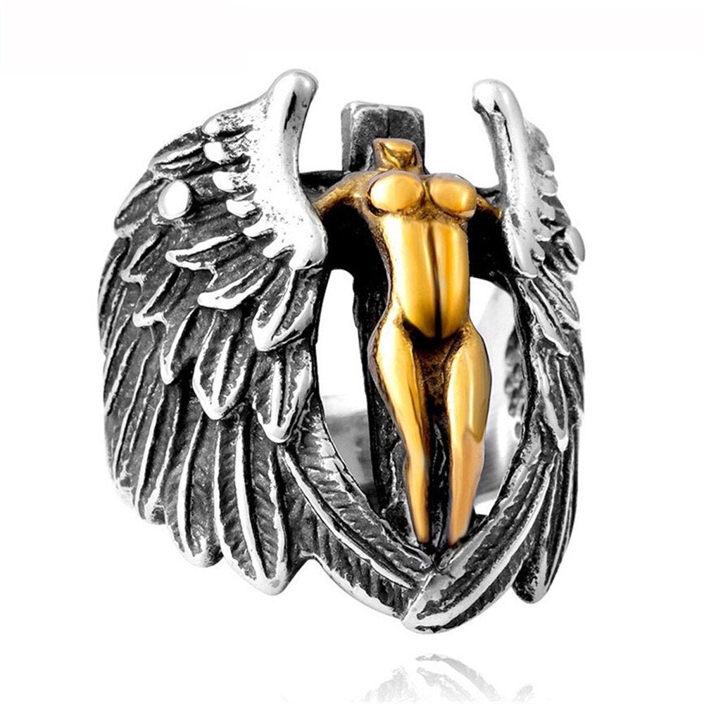 Vintage angel wing cross ring, titanium steel