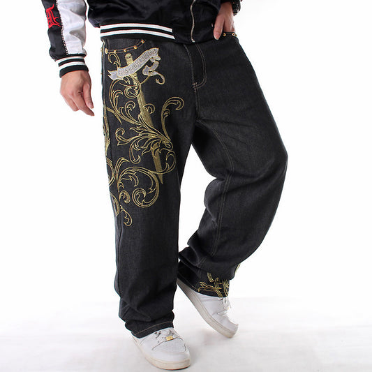 Embroidered hip-hop style jeans