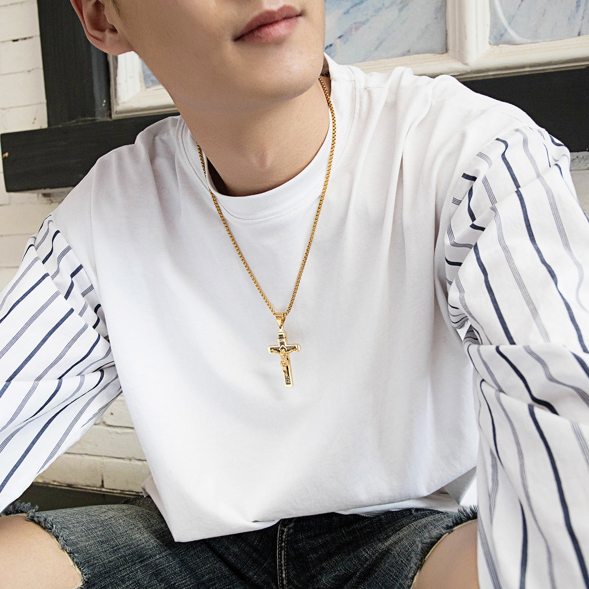 Titanium steel cross necklace, hip hop style