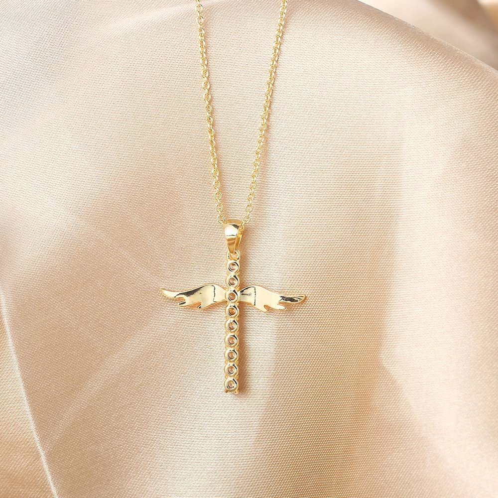 Angel wings cross necklace with colored zirconia pendant