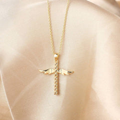 Angel Wings Cross Necklace with Colored Zirconia Pendant
